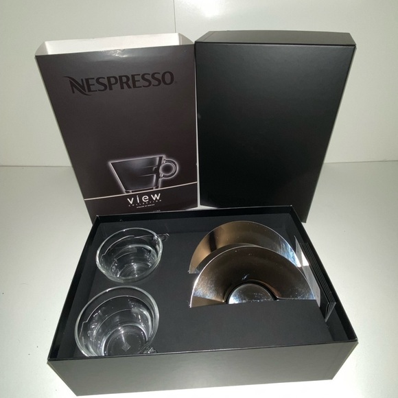 Nespresso View Cappuccino Glass Mugs with Silver Saucers Gift Box Set - Picture 2 of 7